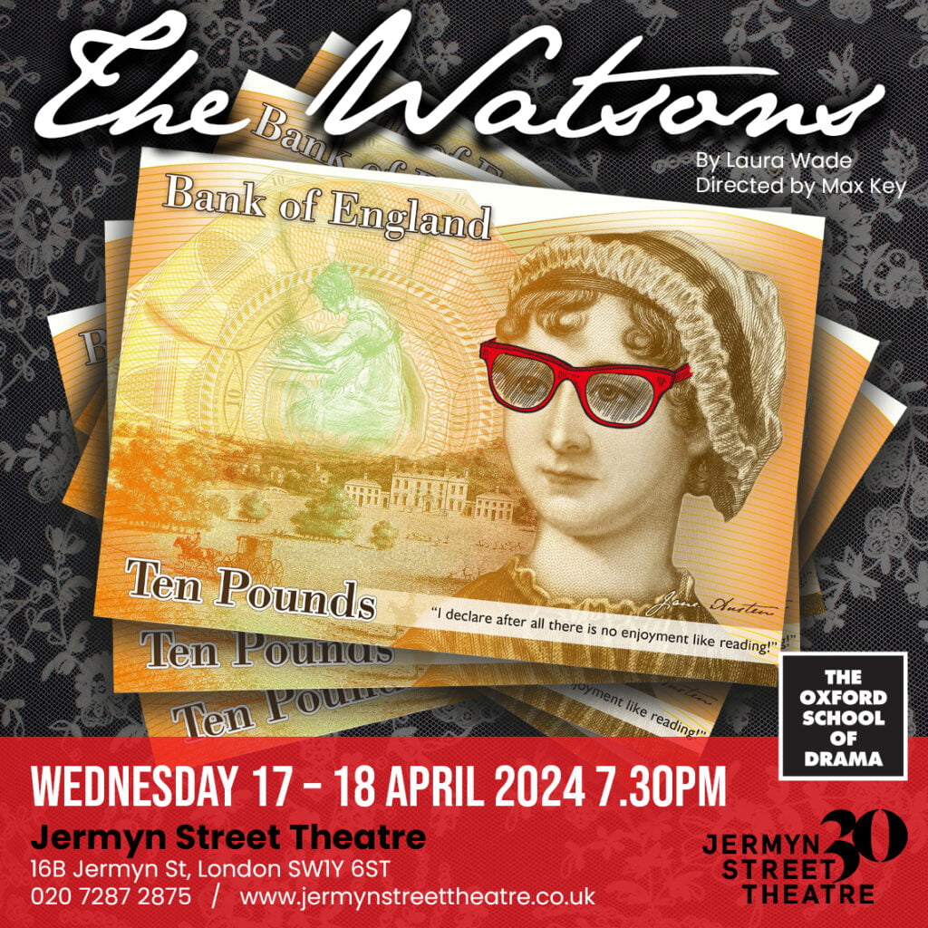 the poster for the watsons featuring the £10 note with sunglasses on Jane Austen's face